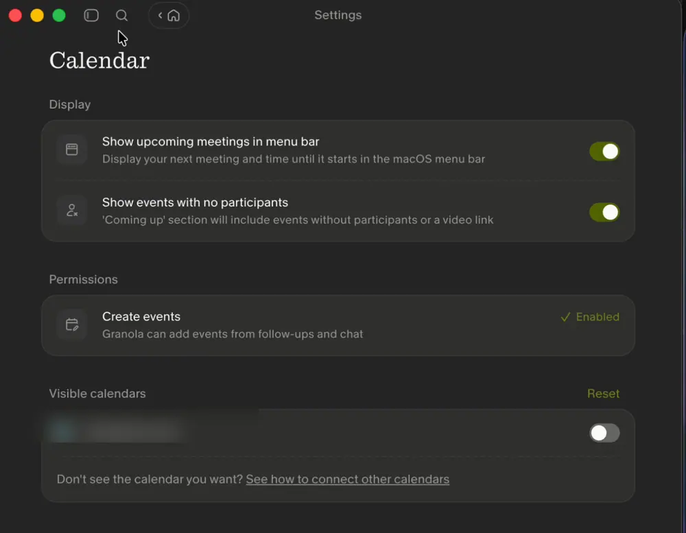Calendar settings after the Coming up filter icon leaves the list